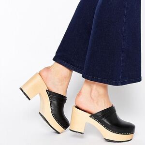 Swedish Hasbeens Louise Black Leather Clog Mules with Natural Wood Heel